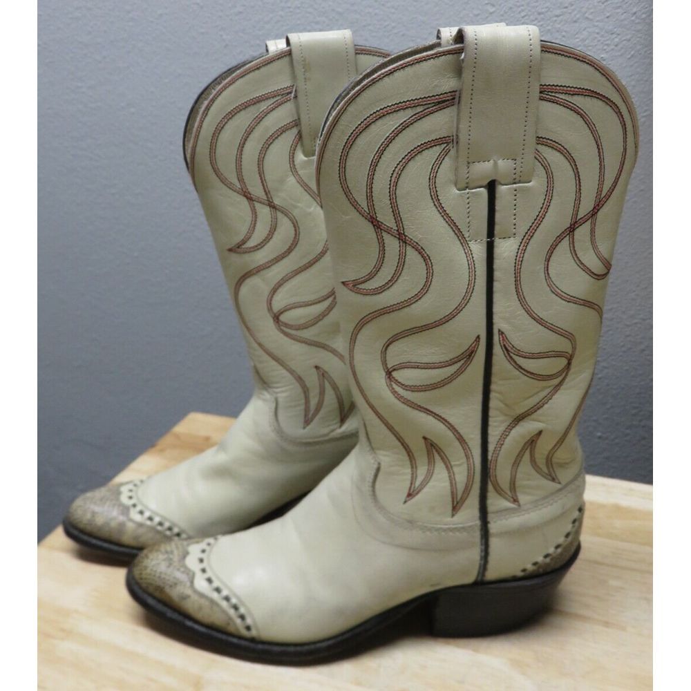 Vintage HYER Olathe Kansas COWBOY BOOTS White Leather Snake Size 4.5 B USA 12"